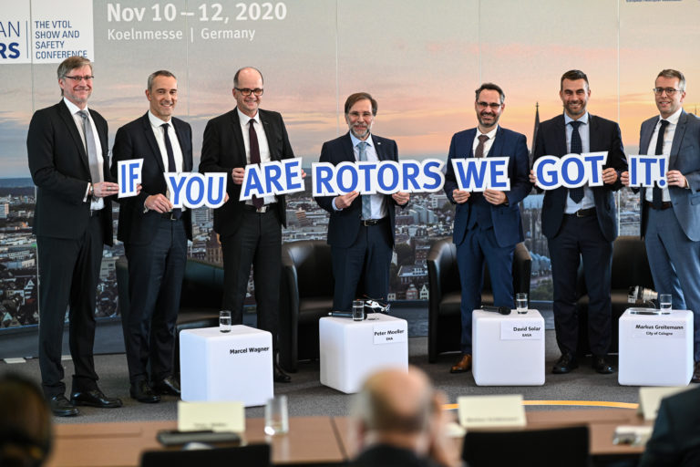 FlyEurope - FlyEurope-tv - EUROPEAN ROTORS (from left): Dr. Frank Liemandt, Showmanager European Rotors, Luc Bentolila, Airbus VP Marketing & Sales Development, Markus Greitemann, Commissioner of the City of Cologne for city development, construction and economy, Peter Moeller, Chairman European Helicopter Association (EHA), David Solar, Head of Rotorcraft and VTOL Department, European Union Aviation Safety Agency (EASA), Patrick Moulay, Bell senior vice president, Commercial Business – International, Francis Larribau, CEO of Safran Helicopter Engines Germany